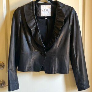 MILLY | Lambskin Leather Ruffle Jacket Size P Black  XXS to XS